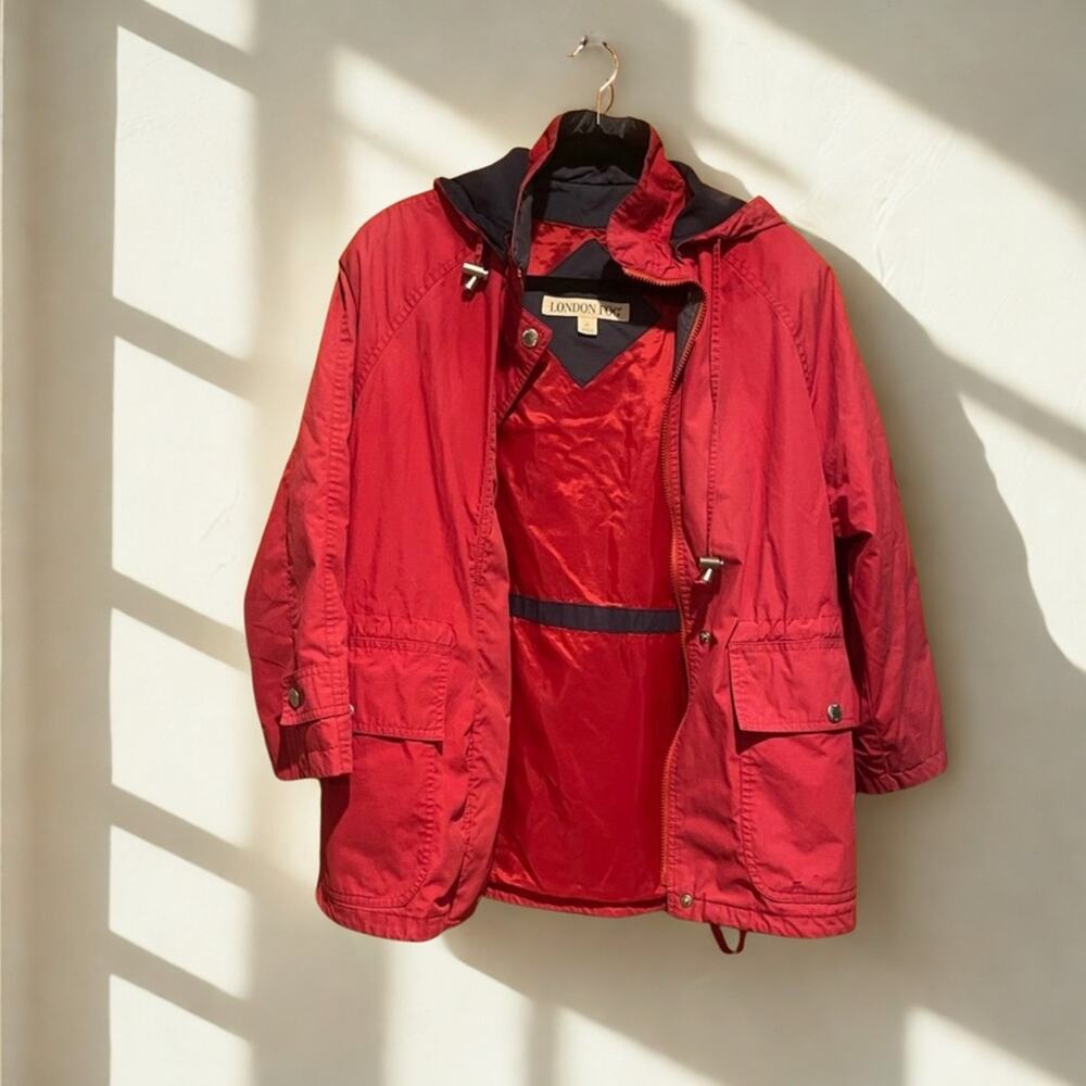London Fog Women’s Petite Small Red Hooded Utility Rain Jacket Lightweight Coat